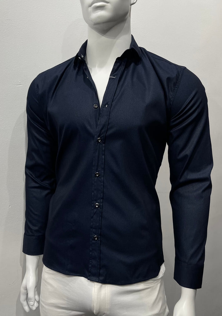 Navy button-down, long-sleeved glassy shirt as seen from the front. 