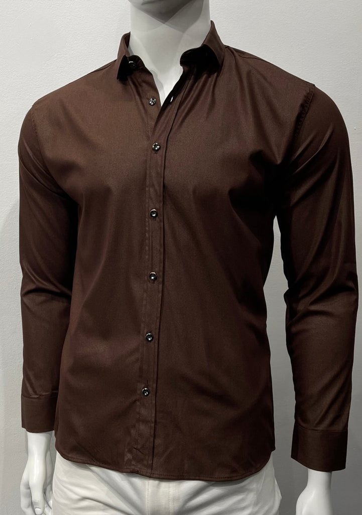 Brown button-down, long-sleeved glossy shirt as seen from the front. 