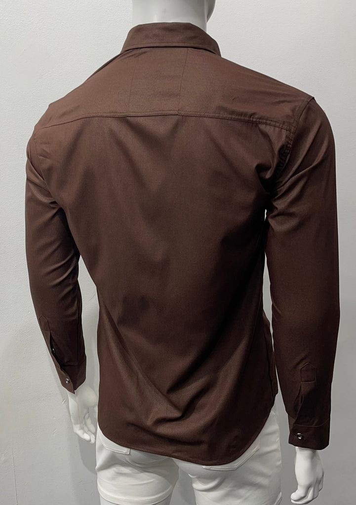 Brown button-down, long-sleeved glossy shirt as seen from the back.