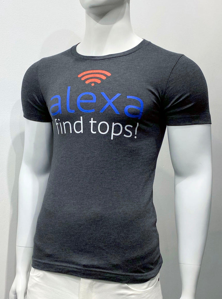 Heather grey t-shirt as seen from the front. At the top center of the chest, there is a graphic of a Wifi signal. Below that appears the words: "Alexa, find tops!" "Alexa" is in big blue letters. "Find tops" is in slightly smaller sized white letters.