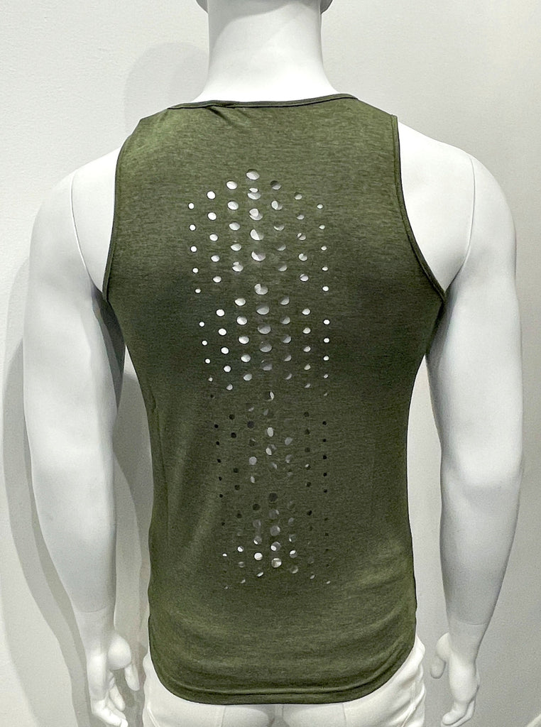 Army green tank top as seen from the back, with a vertical pattern of small circular cut-outs down the back.