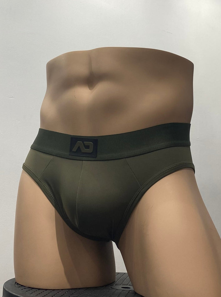 Khaki green stretch brief, as seen from the front. It has a khaki green waistband with a brand emblem on it, front and center.