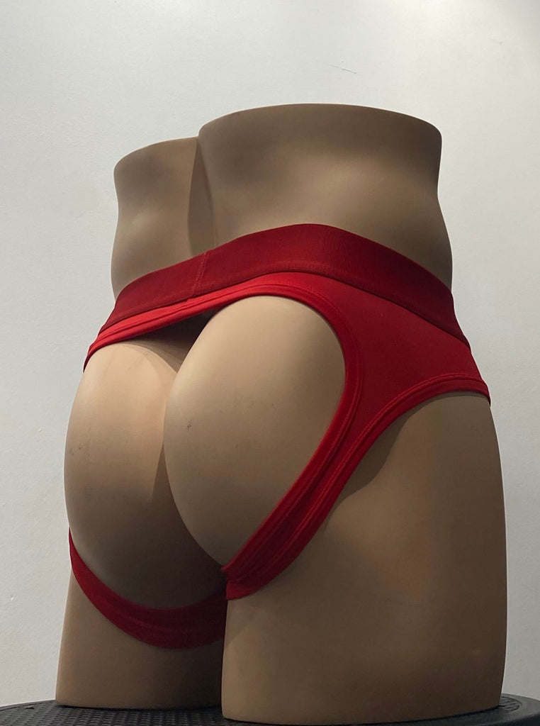Red stretch brief, as seen from the back. It has a red waistband and the back of the brief is bottomless.