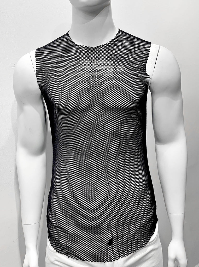 Black tank top made from mesh material as seen from the front, with a brand emblem print on the mesh across the chest in white.