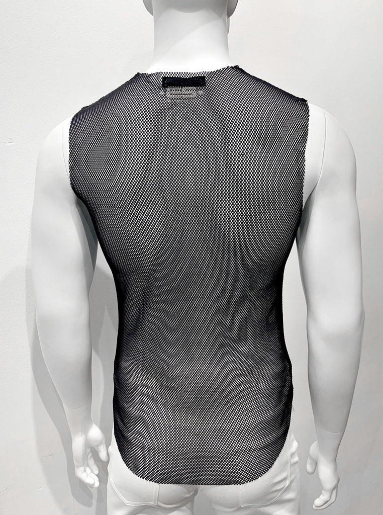 Black tank top made from mesh material as seen from the back.