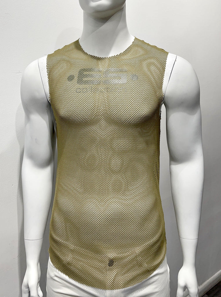 green tank top made from mesh material as seen from the front, with a brand emblem print on the mesh across the chest in grey.