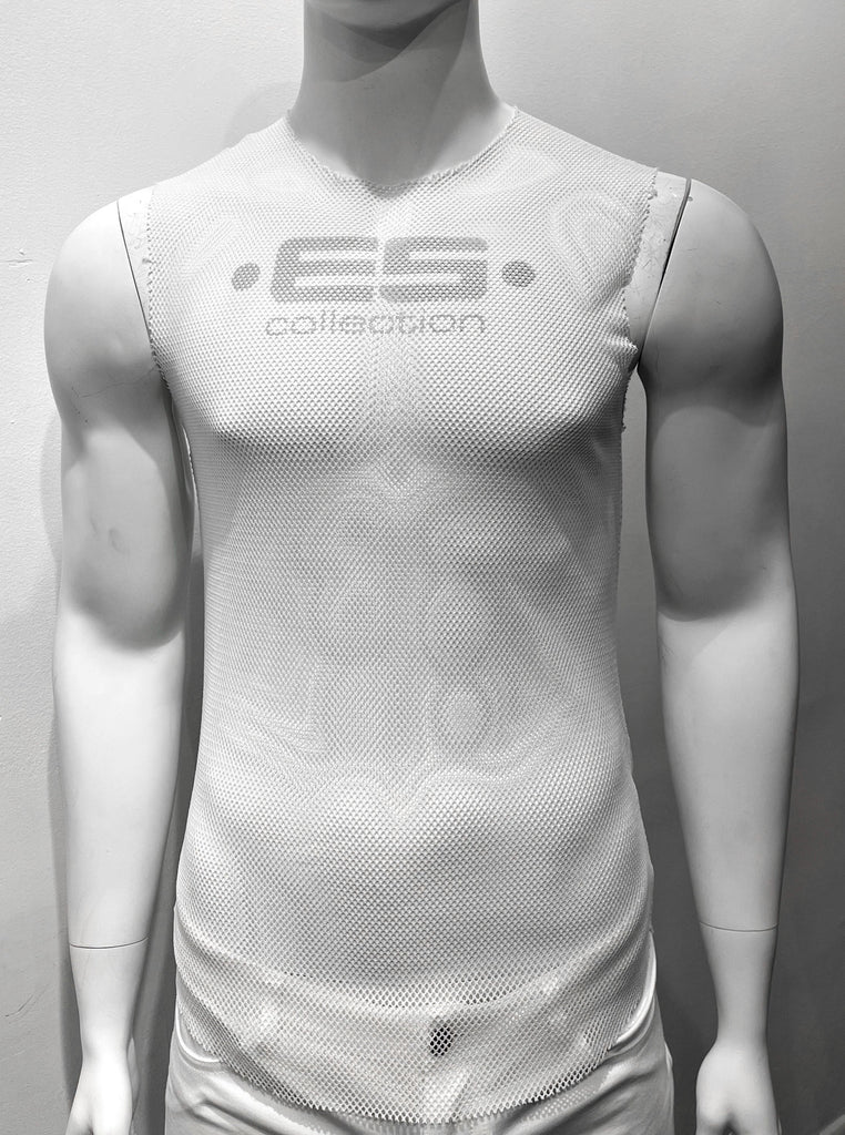 White tank top made from mesh material as seen from the front, with a brand emblem print on the mesh across the chest in grey.