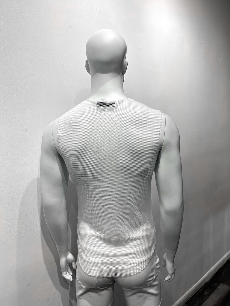 White tank top made from mesh material as seen from the back.
