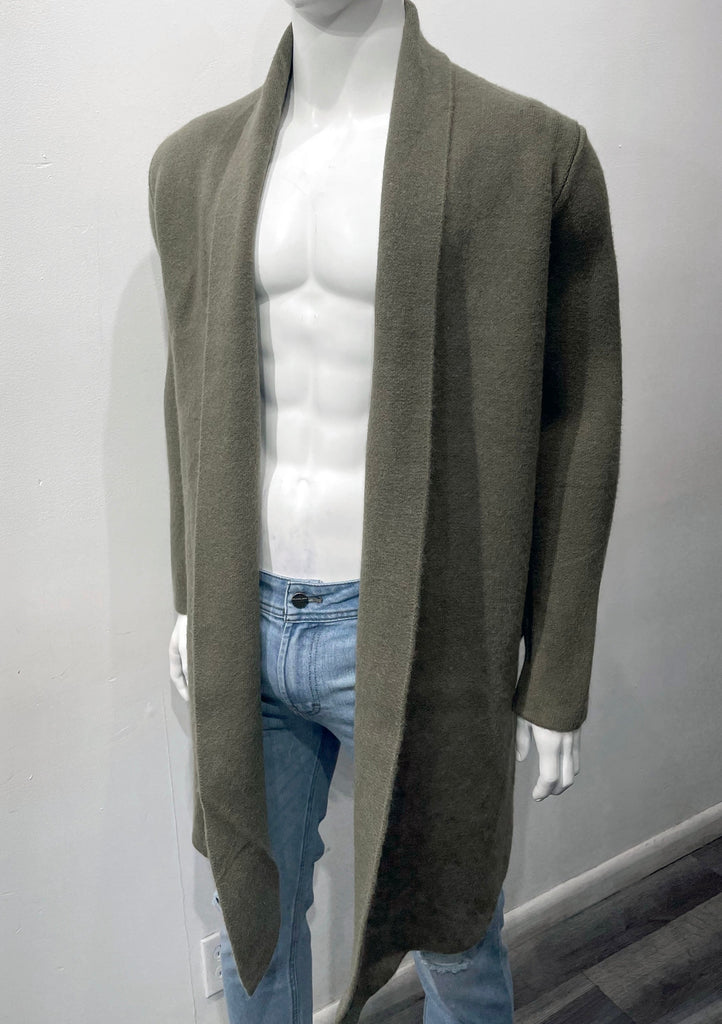 Olive buttonless collared wrap overcoat as seen from the front.