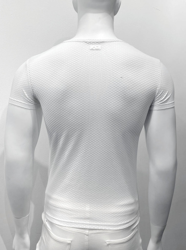 White, mesh crewneck T-shirt with diamond mesh pattern seen from the back.