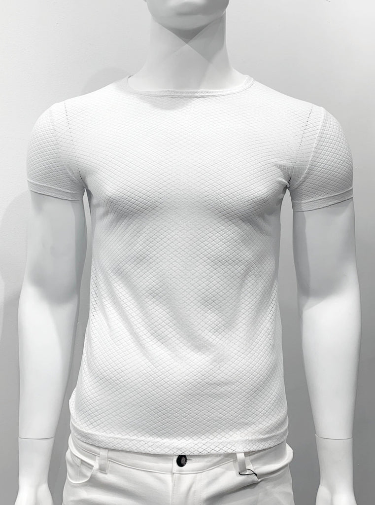 White, mesh crewneck T-shirt with diamond mesh pattern seen from the front.