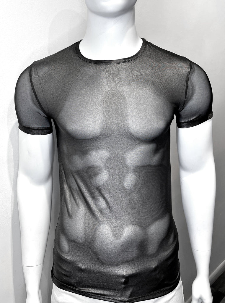 See-through, tight-fitting crewneck t-shirt with a dark base color and a golden sheen, as seen from the front.