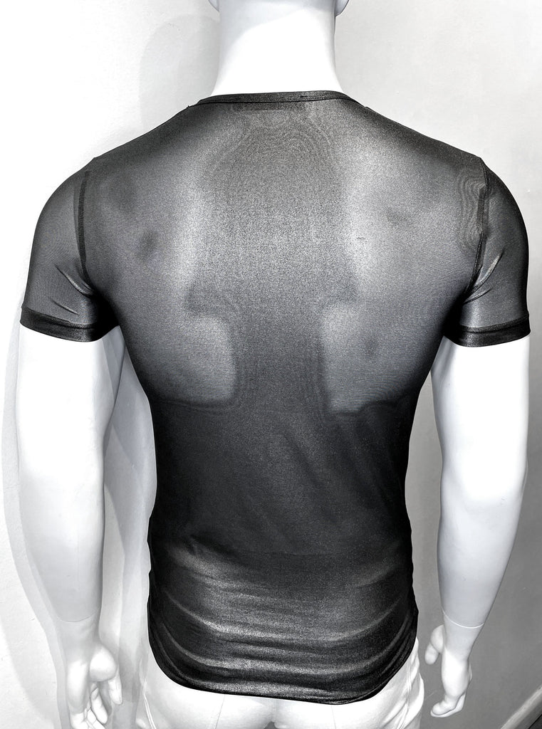See-through, tight-fitting crewneck t-shirt with a dark base color and a golden sheen, as seen from the back.