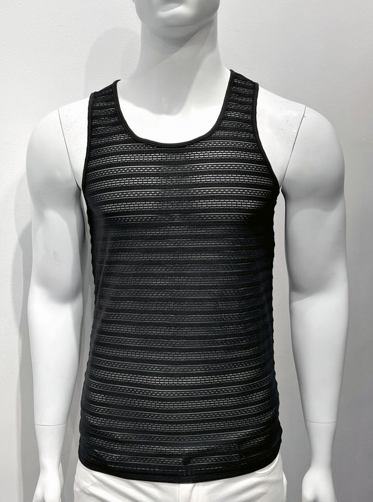 Black tank top made from mesh material as seen from the front, with a horizontal eyelet stitch cable pattern woven into the mesh.