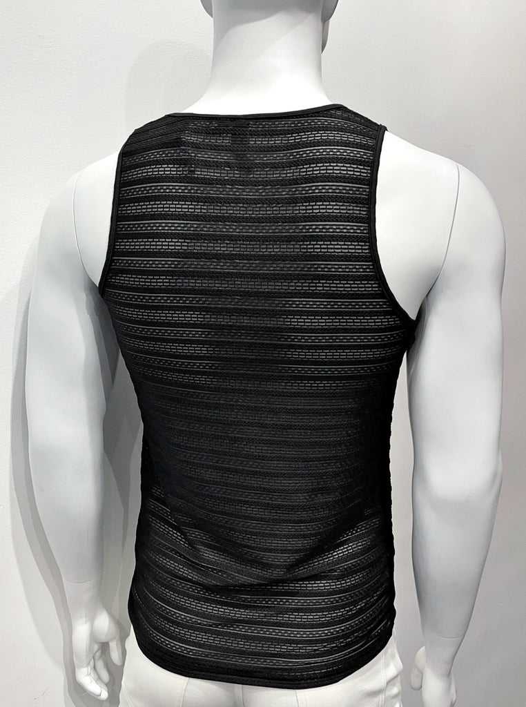 Black tank top made from mesh material as seen from the back, with a horizontal eyelet stitch cable pattern woven into the mesh.