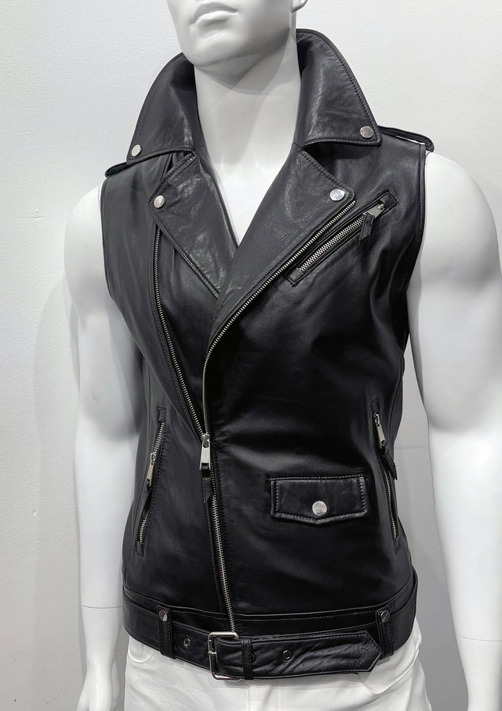 Black leather vest with motorcycle jacket styling and sliver zippers and snap details, as seen from the front.