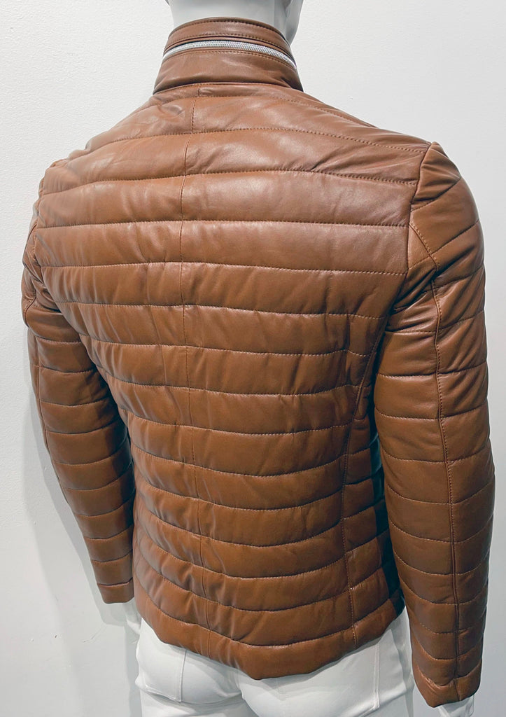 Brown leather zip jacket with horizontal seaming and puffer coat look with silver zipper hood pouch on collar, as seen from the back.
