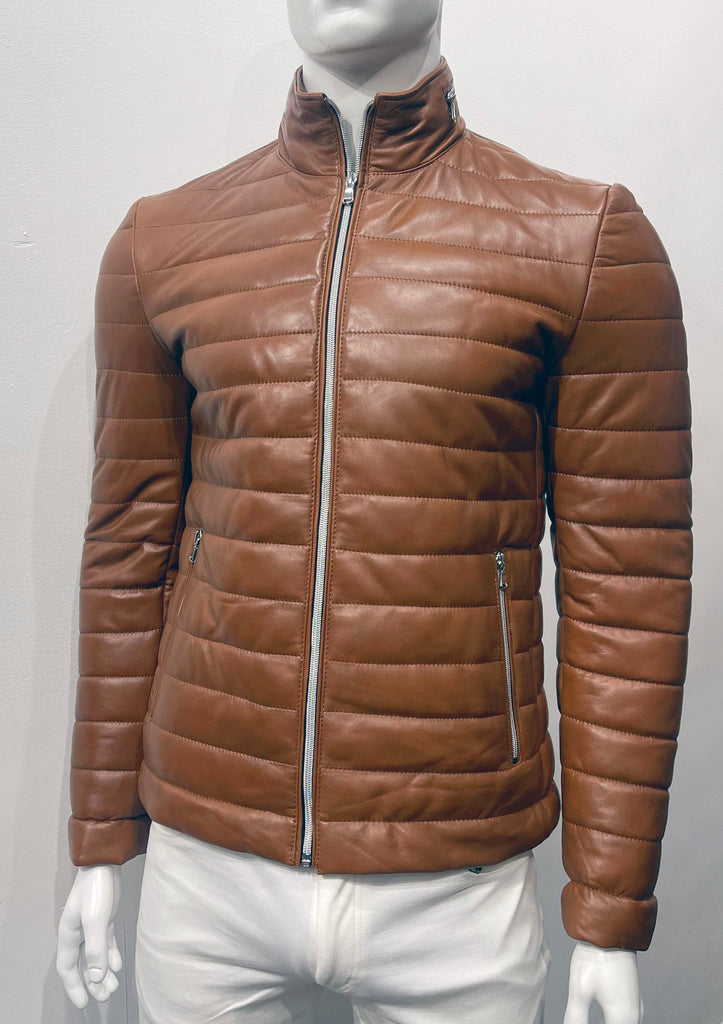 Brown leather zip jacket with horizontal seaming and puffer coat look with silver zipper, as seen from the front.