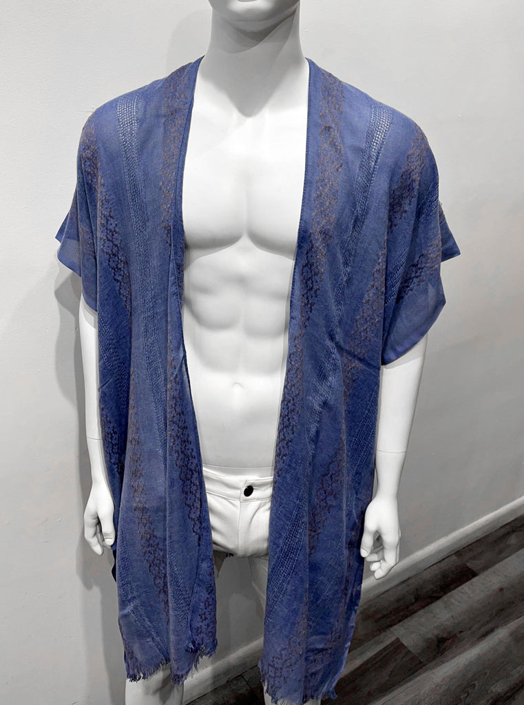 Blue color kimono as seen from the front, with woven vertical stripes of light grey and blue cross-stitched detailing on the front of the garment.