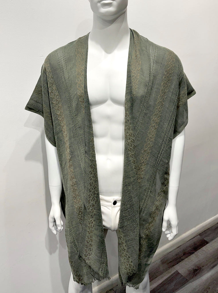 Olive color kimono as seen from the front, with woven vertical stripes of light brown and olive cross-stitched detailing on the front of the garment.