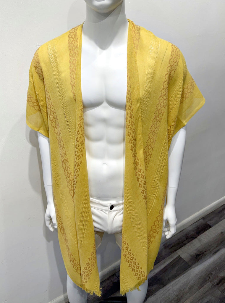 Gold color kimono as seen from the front, with woven vertical stripes of light brown and gold cross-stitched detailing on the front of the garment.