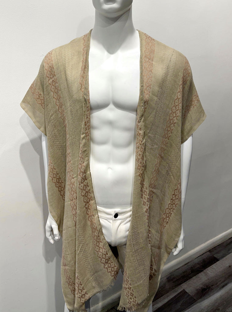 Tan color kimono as seen from the front, with woven vertical stripes of light brown and tan cross-stitched detailing on the front of the garment.