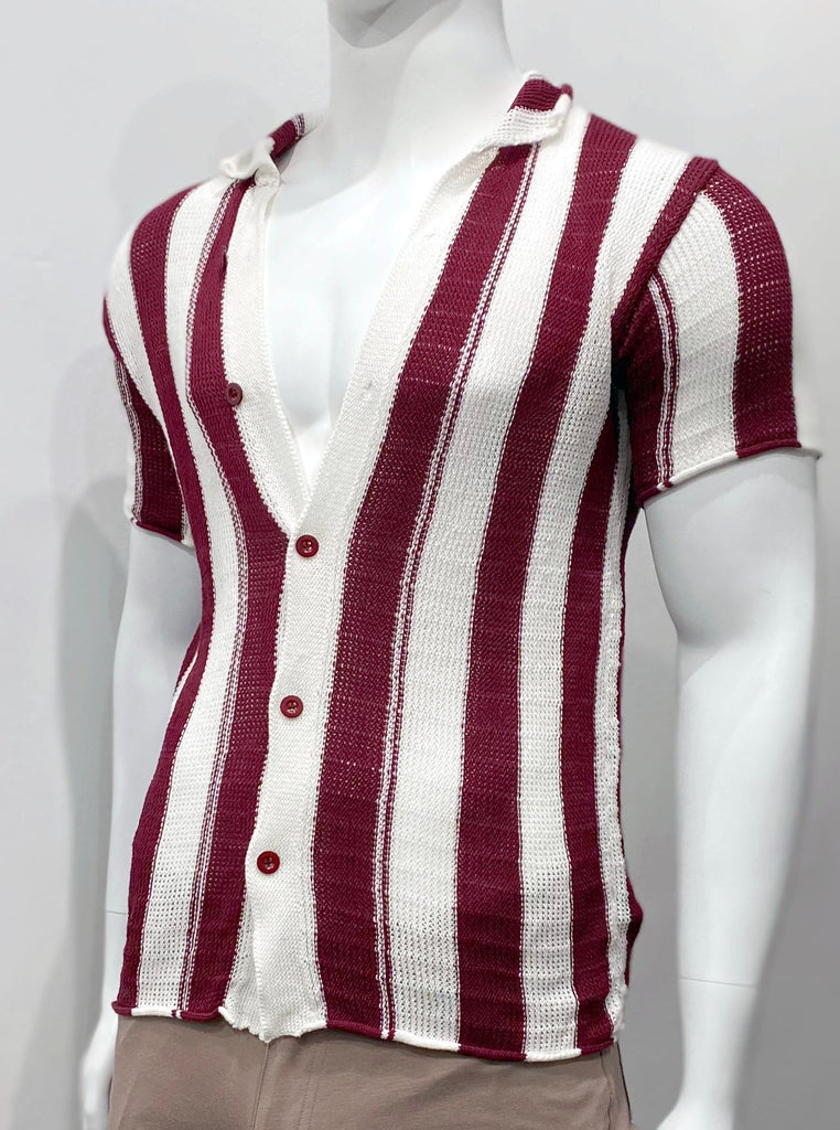 Off-white, button-down, short-sleeved open knit shirt with vertical burgundy stripes, as seen from the front.