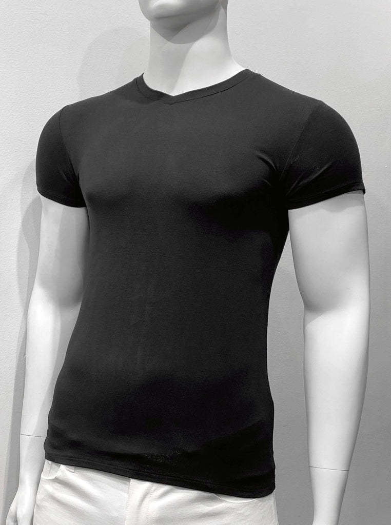 Black V-neck T-shirt, as seen from the front.
