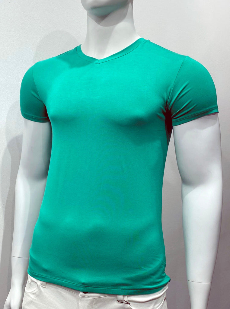 Green V-neck T-shirt, as seen from the front.