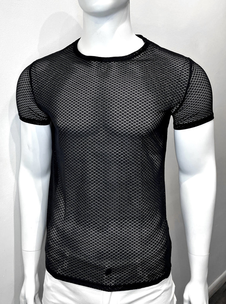 Black, mesh crewneck T-shirt with diamond mesh pattern seen from the front.