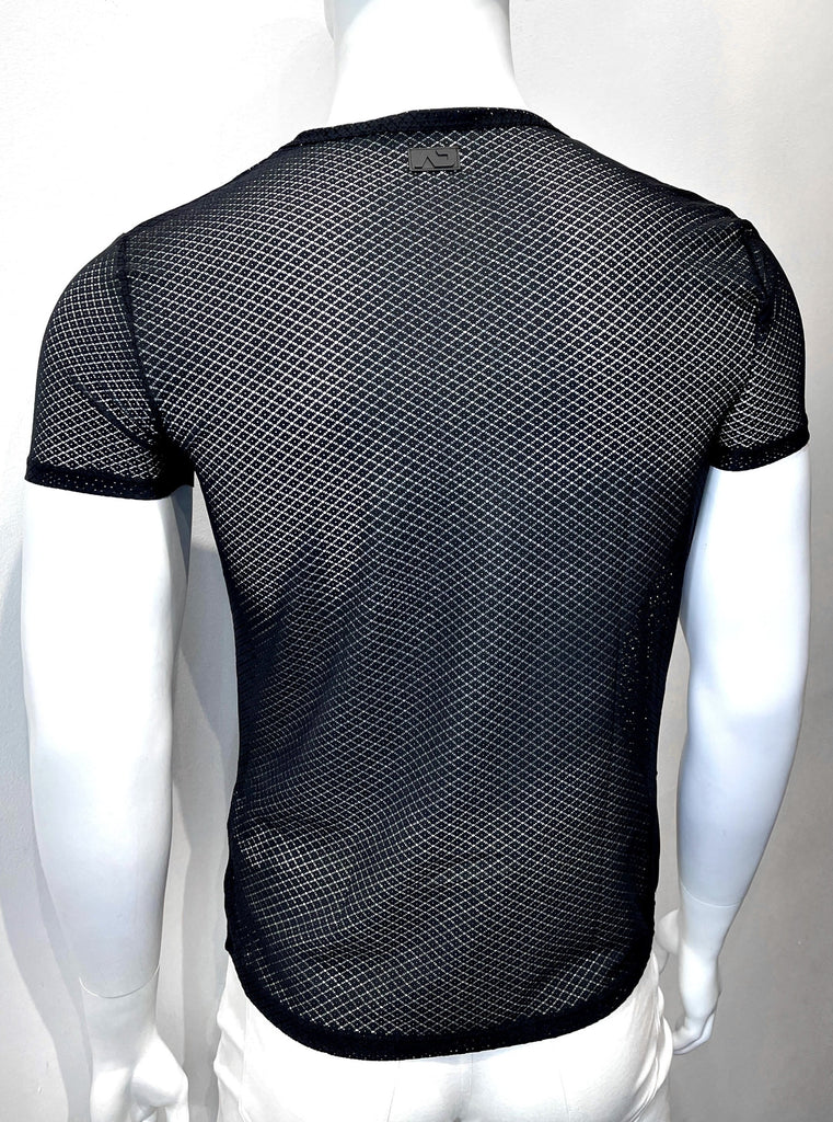 Black, mesh crewneck T-shirt with diamond mesh pattern seen from the back.