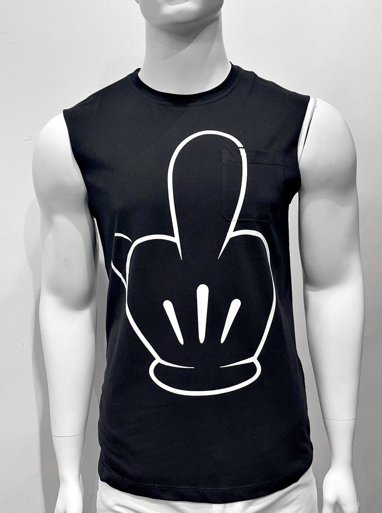 Black sleeveless T-shirt from the front, with a graphic white line drawing of a cartoon Mickey-Mouse-like hand flipping the middle finger.