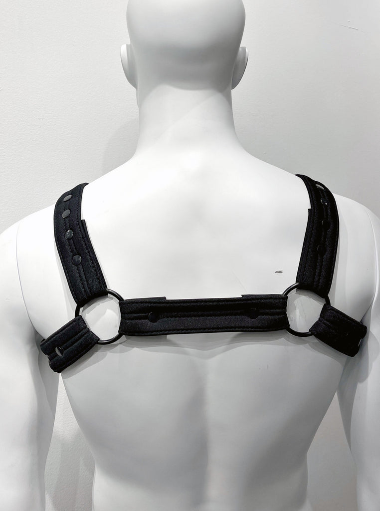  Black chest harness as seen from the back. It has a thick, black strap that encircles the body comprised of three shorter, equally thick straps—one that goes across the back, and two that go under each arm—all connected together by black metal rings on the left and right back. Two more straps go over each shoulder, also connected to the large, metal rings. All of the straps line of small, black metal circles running lengthwise down the center of the strap.