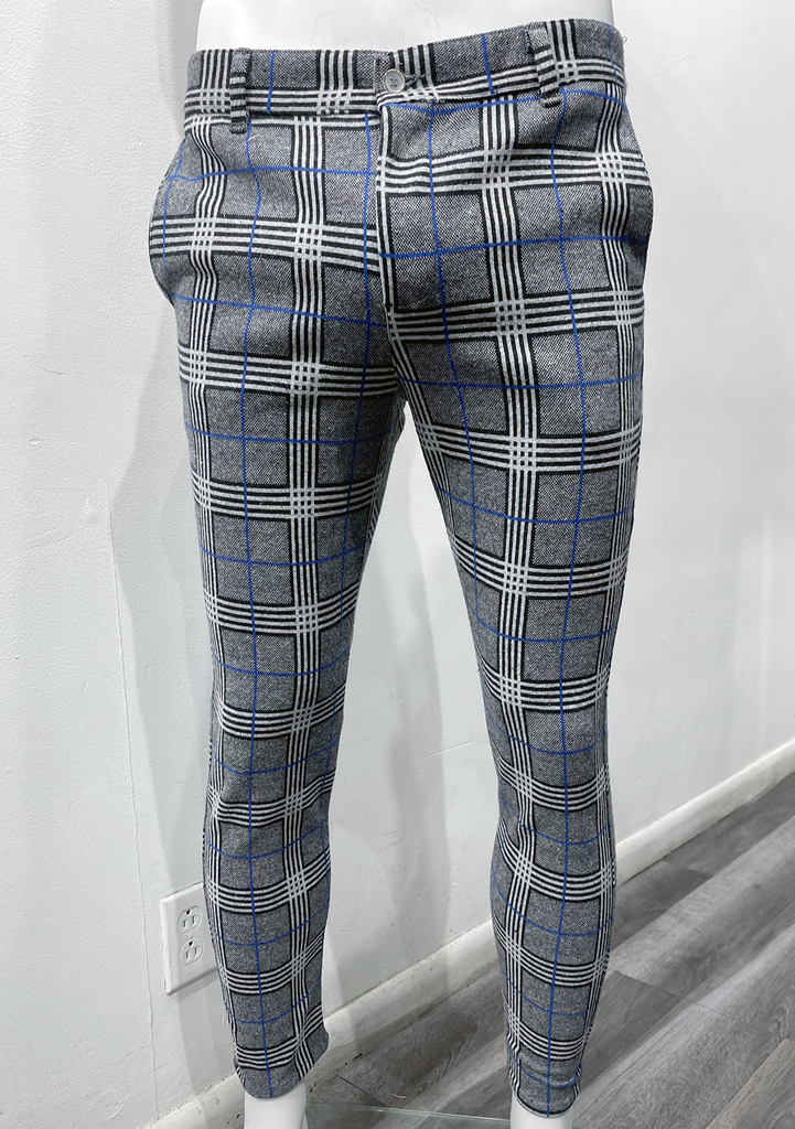 Flat-front, slim fit grey pants with a black, white, and royal blue plaid pattern, as seen from the front.