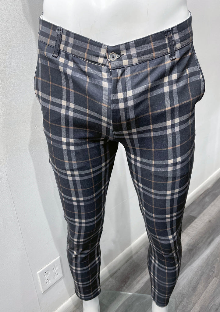 Navy flat front pants with a pink and white plaid pattern, as seen from the front.