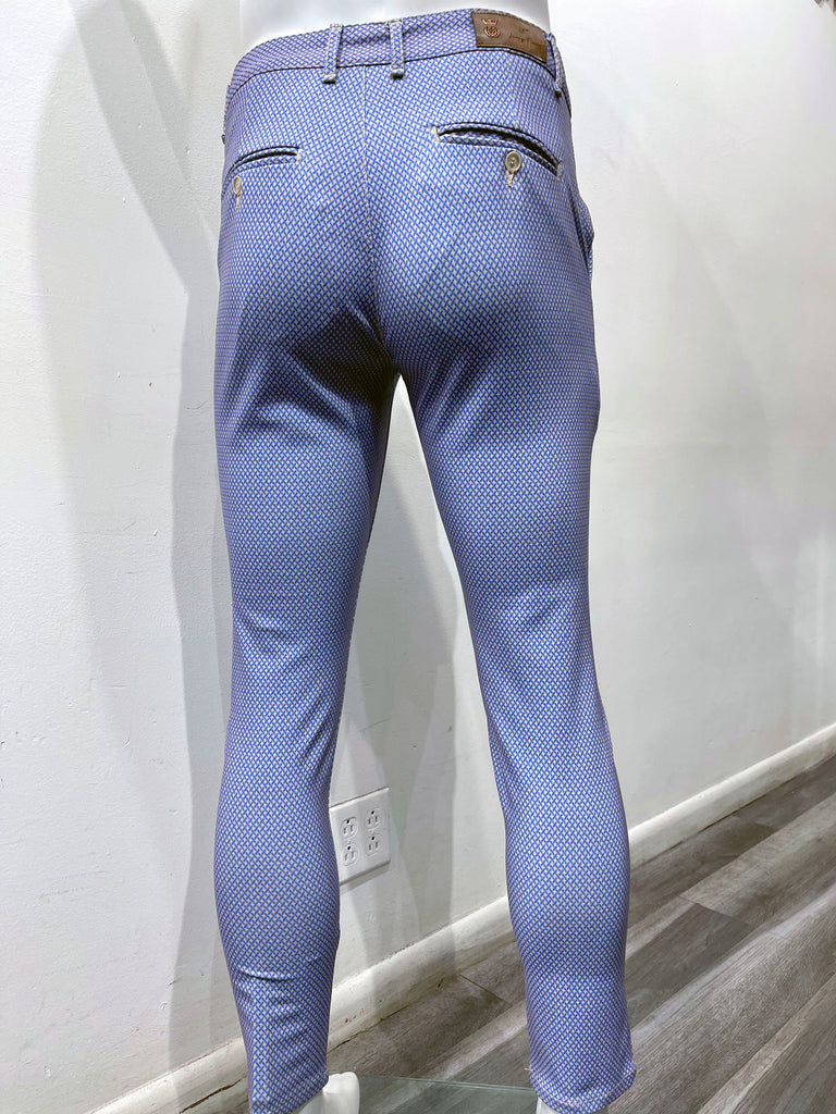 grey pant with with a tight royal blue cross-hatch pattern, as seen from the back.