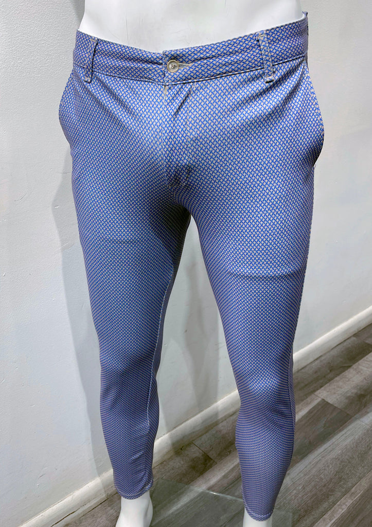 grey pant with with a tight royal blue cross-hatch pattern, as seen from the front.