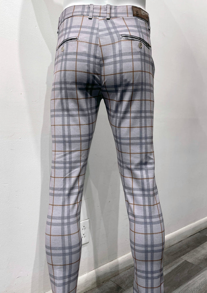 Light grey flat front pants with burgundy and dark blue paid pattern, as seen from the back.