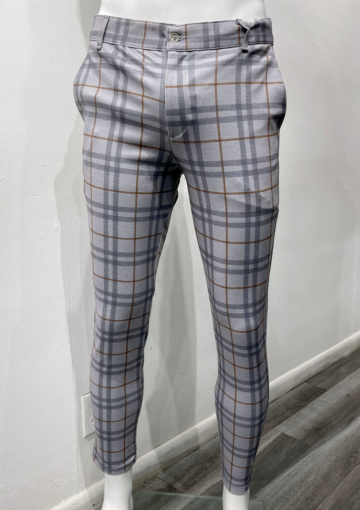 Light grey flat front pants with burgundy and dark blue paid pattern, as seen from the front.