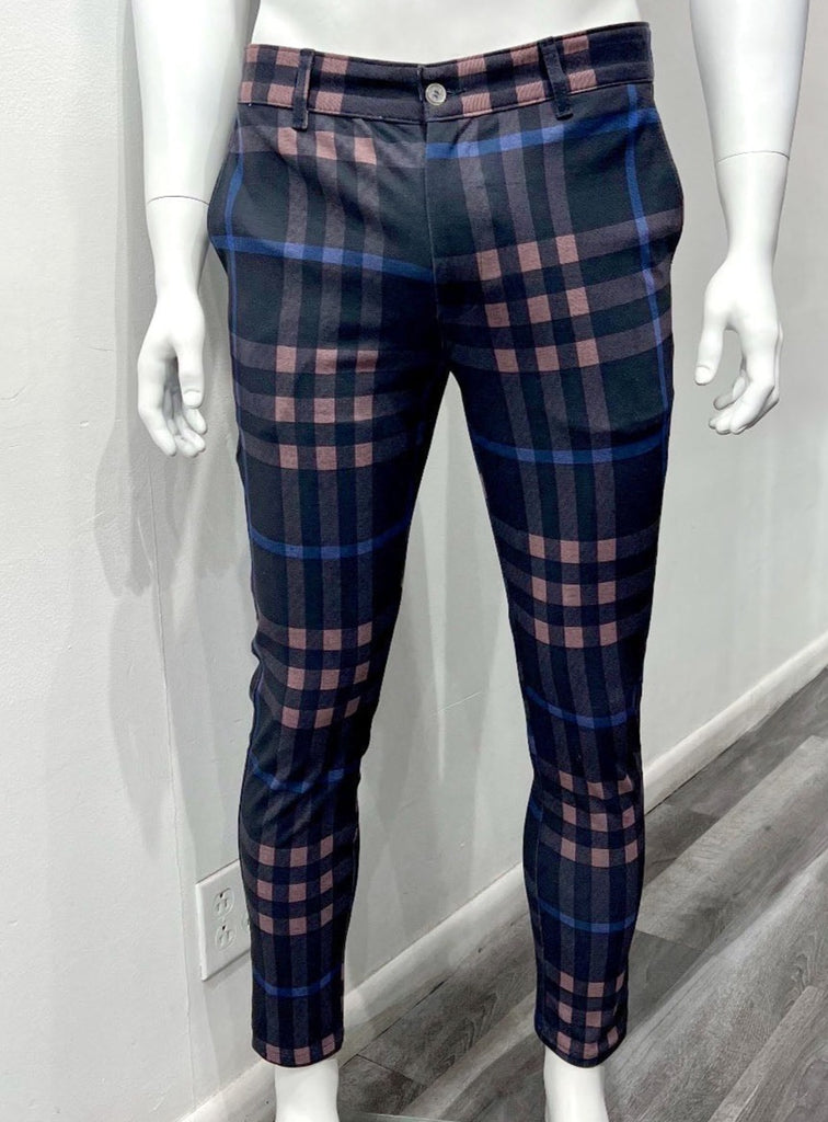 Navy slim fit pants with a pink and royal blue plaid pattern, as seen from the front.
