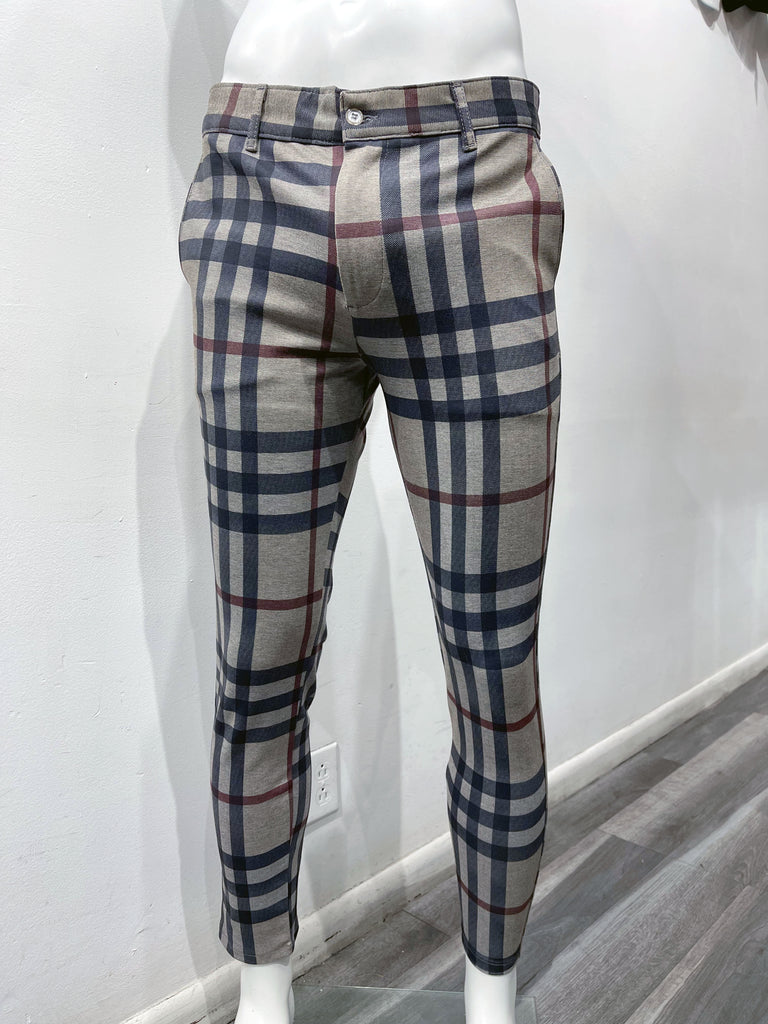 Light brown flat front pants with black and burgundy plaid pattern, as seen from the front.