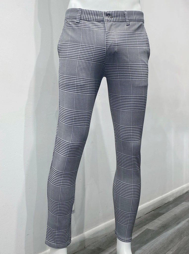 Grey slim fit pants with black plaid pattern, as seen from the front.