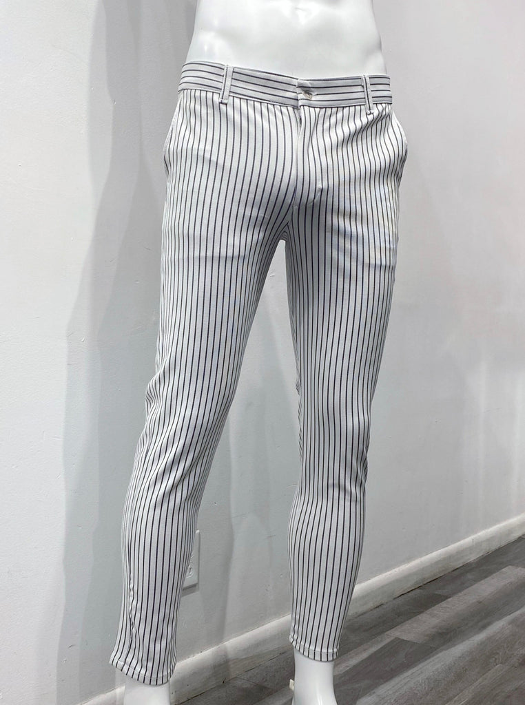 White slim fit pants with thin vertical navy stripes, as seen from the front.