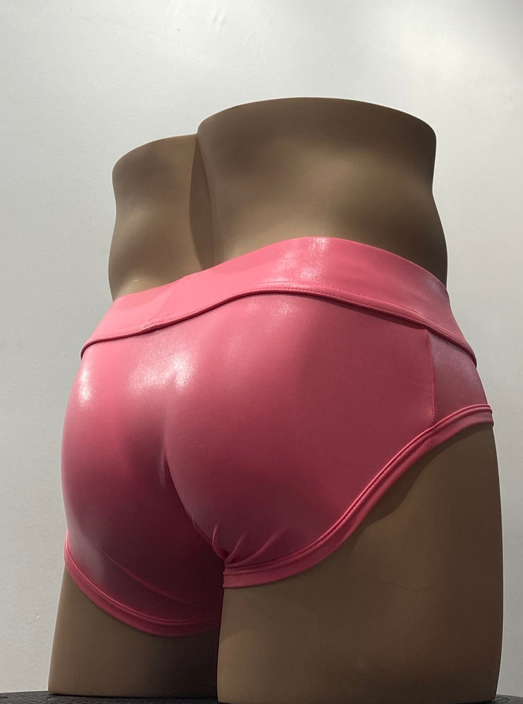Shiny, laminated pink stretch brief, as seen from the back. It has a thick, shiny pink waistband.