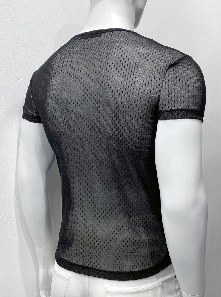 Black, plumetis mesh t-shirt as seen from the back.