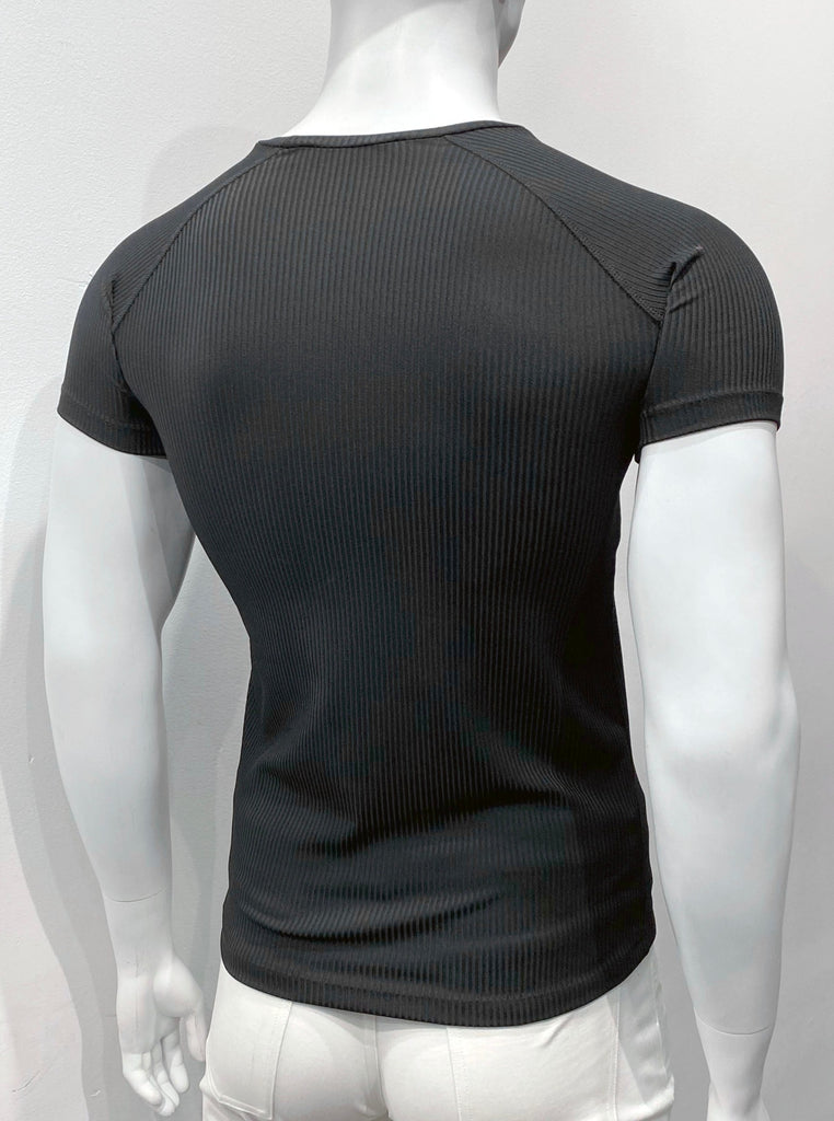 Black, ribbed, V-neck T-shirt as seen from the back.