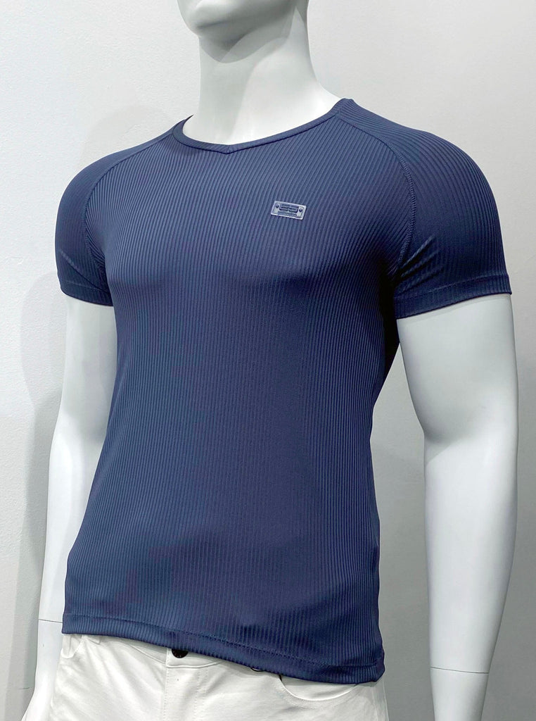 Navy blue, ribbed, V-neck T-shirt with small, rectangular emblem on left breast, as seen from the front.