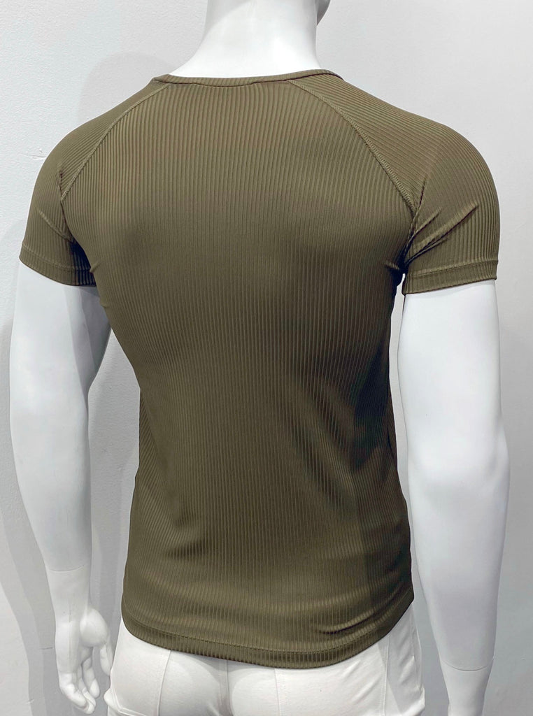 Khaki green, ribbed, V-neck T-shirt as seen from the back.