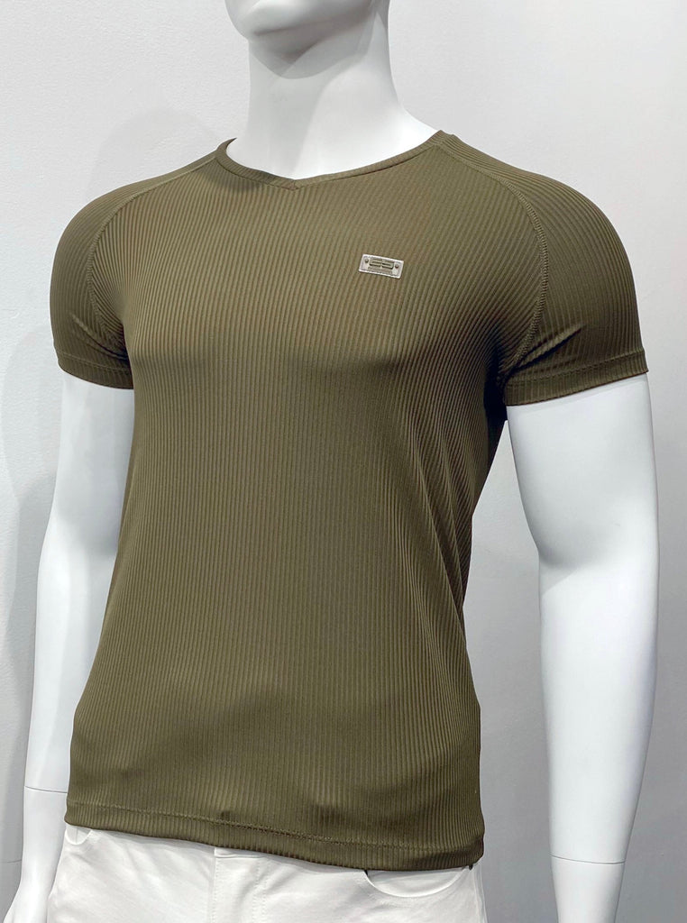 Khaki green, ribbed, V-neck T-shirt with small, rectangular emblem on left breast, as seen from the front.