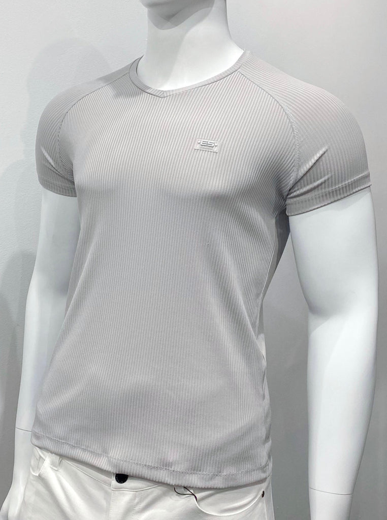 Grey, ribbed, V-neck T-shirt with small, rectangular emblem on left breast, as seen from the front.